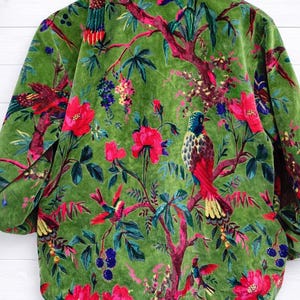 Handblock Printed Green Velvet Floral Jacket, Boho Coat , Women's New Style Jacket image 6