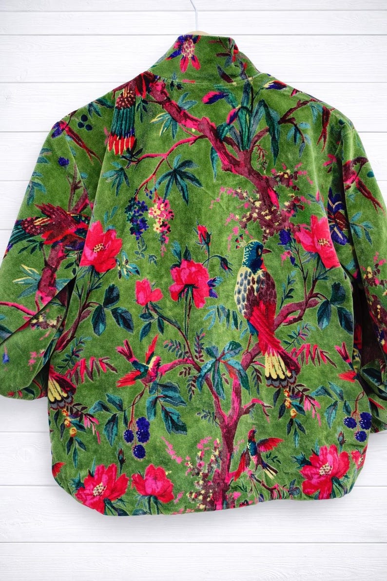Handblock Printed Green Velvet Floral Jacket, Boho Coat , Women's New Style Jacket image 6