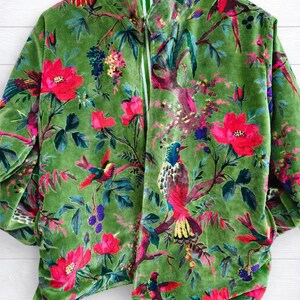 Handblock Printed Green Velvet Floral Jacket, Boho Coat , Women's New Style Jacket image 5