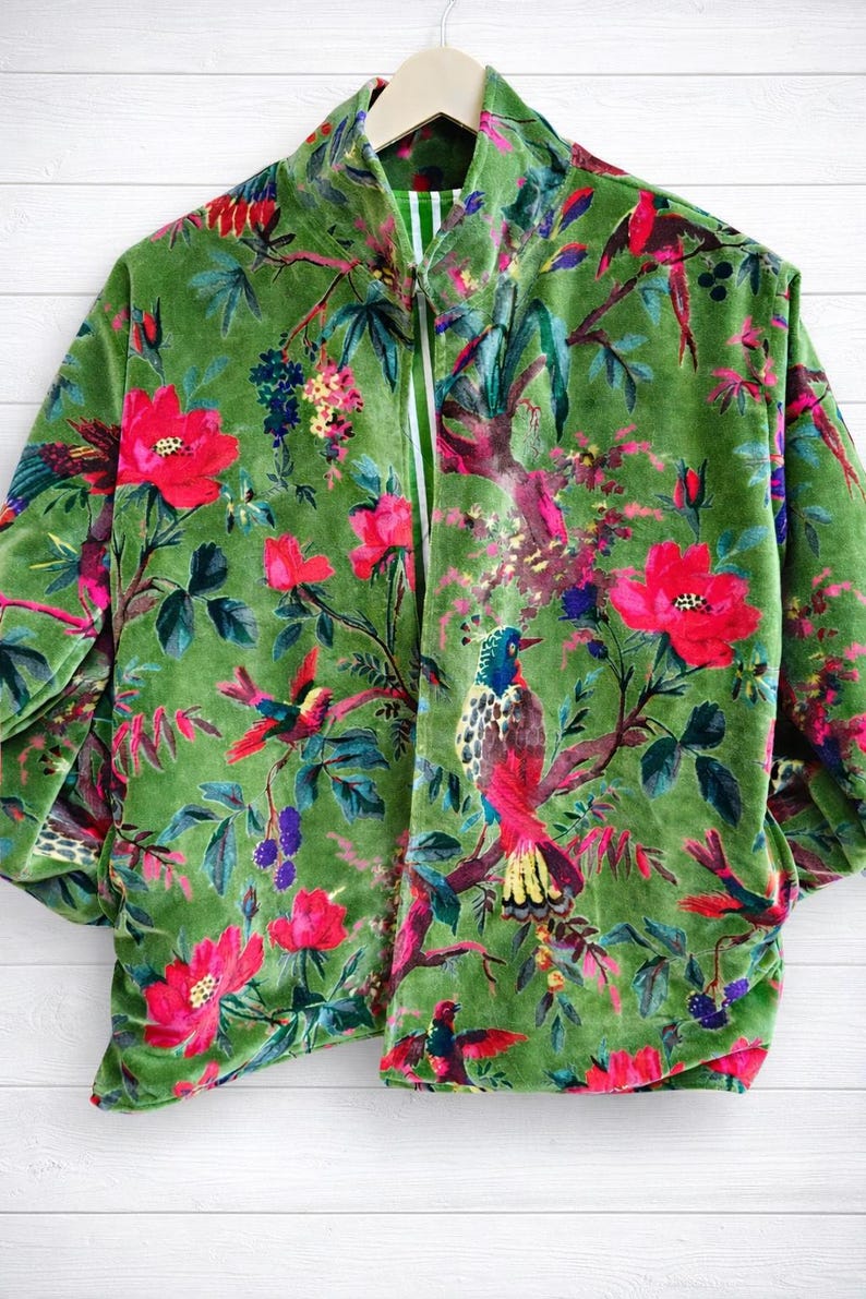 Handblock Printed Green Velvet Floral Jacket, Boho Coat , Women's New Style Jacket image 5