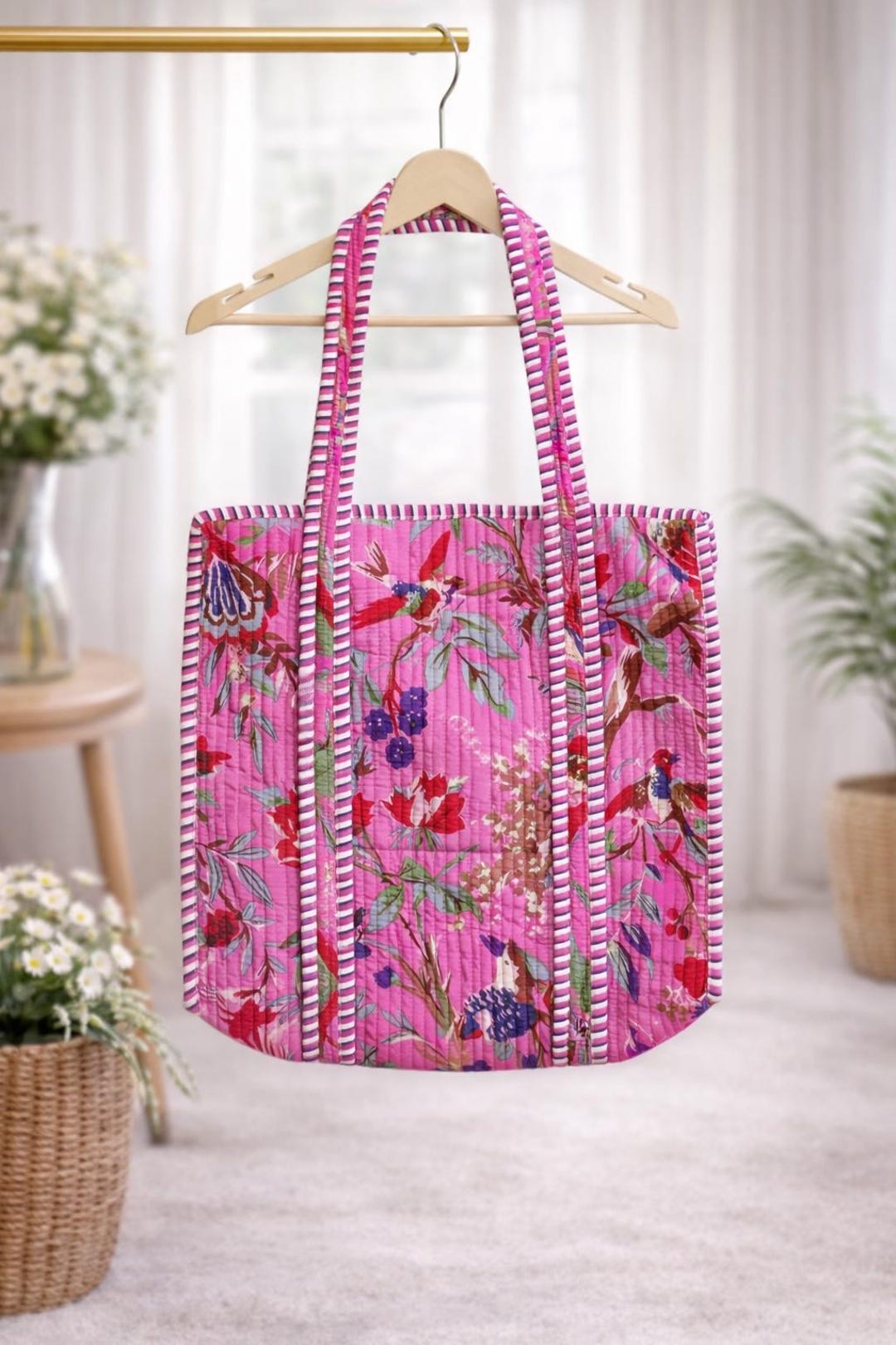 Bird Print Cotton Quilted Pink Tote Bag Daily Use Tote Bag , Women ...