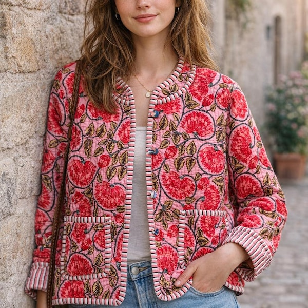 Reversible Block Print Cotton Quilted Jacket  Indian Handmade Coat