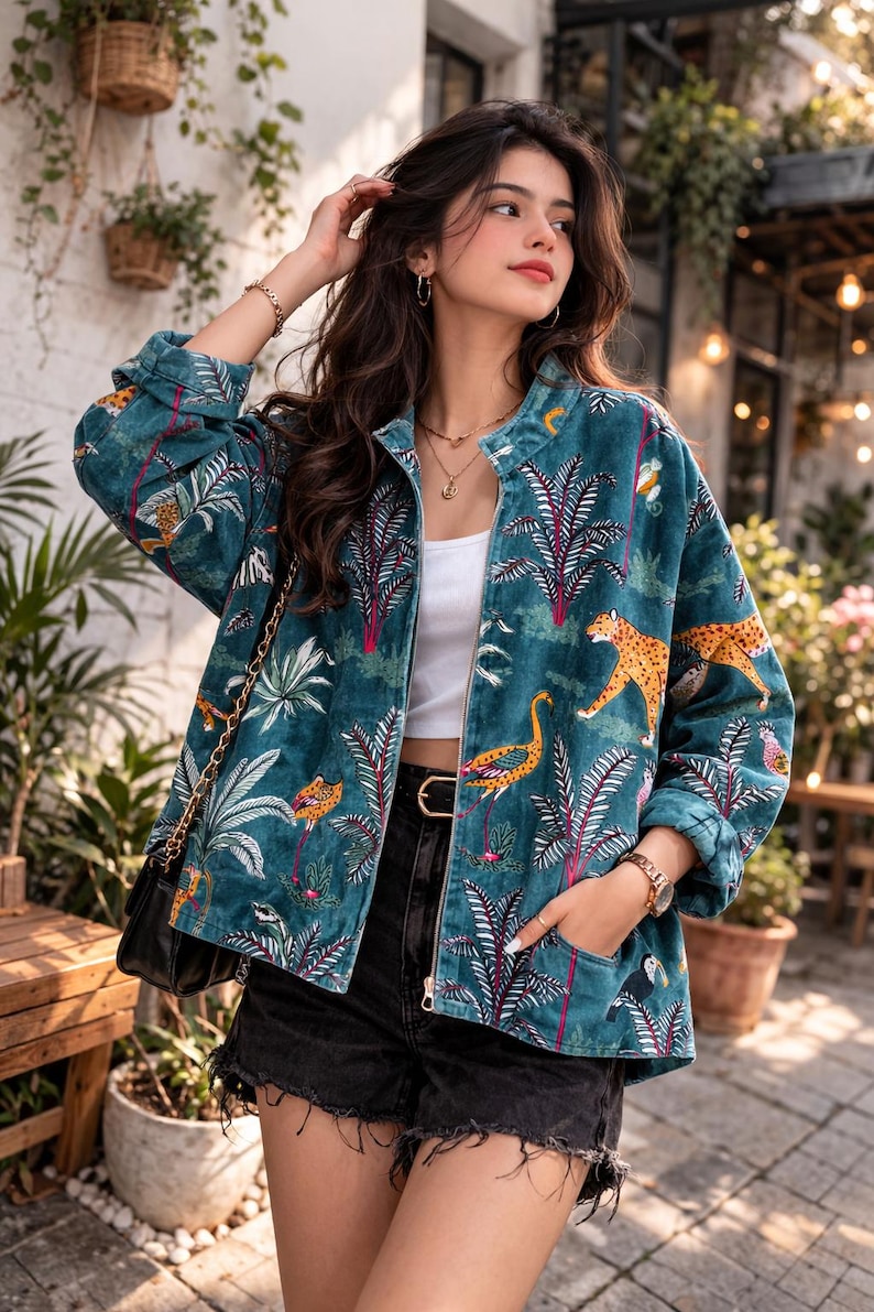 May include: Teal velvet jacket with a vibrant jungle print featuring leopards, birds, and palm trees. The jacket has a zip-up front, long sleeves, and a stand-up collar. The jacket is paired with black denim shorts.
