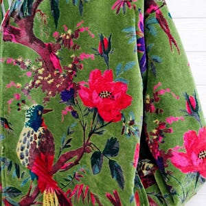 Handblock Printed Green Velvet Floral Jacket, Boho Coat , Women's New Style Jacket image 7
