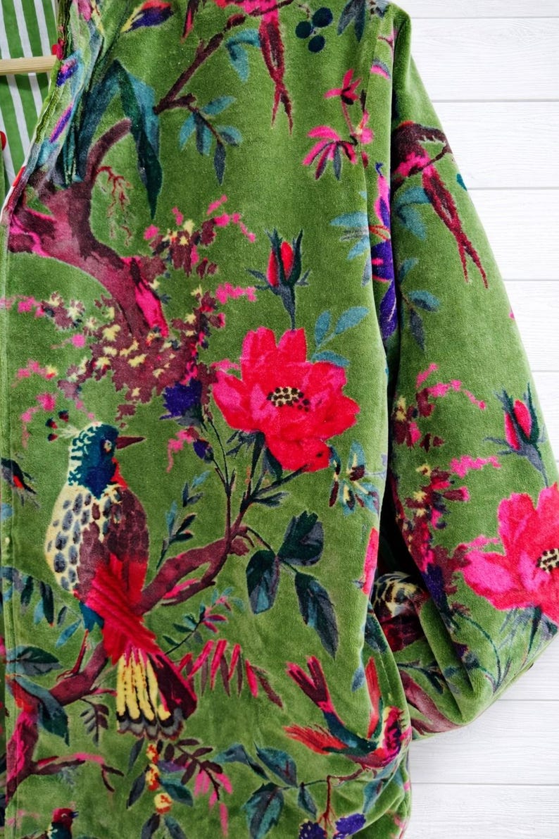 Handblock Printed Green Velvet Floral Jacket, Boho Coat , Women's New Style Jacket image 7
