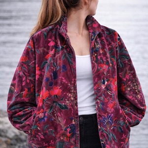 Handblock Print Maroon Velvet Bird Floral Jacket,Boho Coat ,Women's New Style Jacket , Women Wear Velvet robe , Bridal Robe,Morning Tea Coat