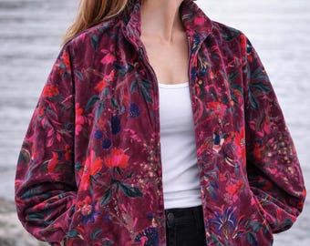 Maroon Velvet Handblock Print Jacket, Floral Bird Boho Coat