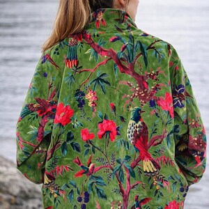 Handblock Printed Green Velvet Floral Jacket, Boho Coat , Women's New Style Jacket image 2