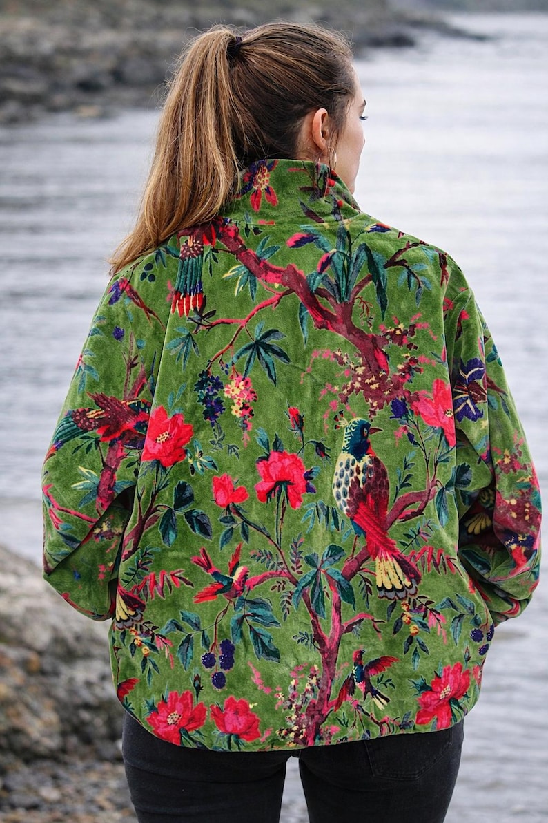 Handblock Printed Green Velvet Floral Jacket, Boho Coat , Women's New Style Jacket image 2