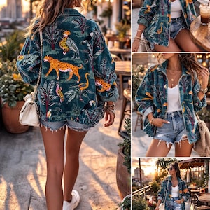 May include: A teal jacket with a jungle-themed design featuring orange leopards, birds, and palm trees. The jacket is paired with denim shorts and white sneakers. The overall aesthetic is casual and stylish.