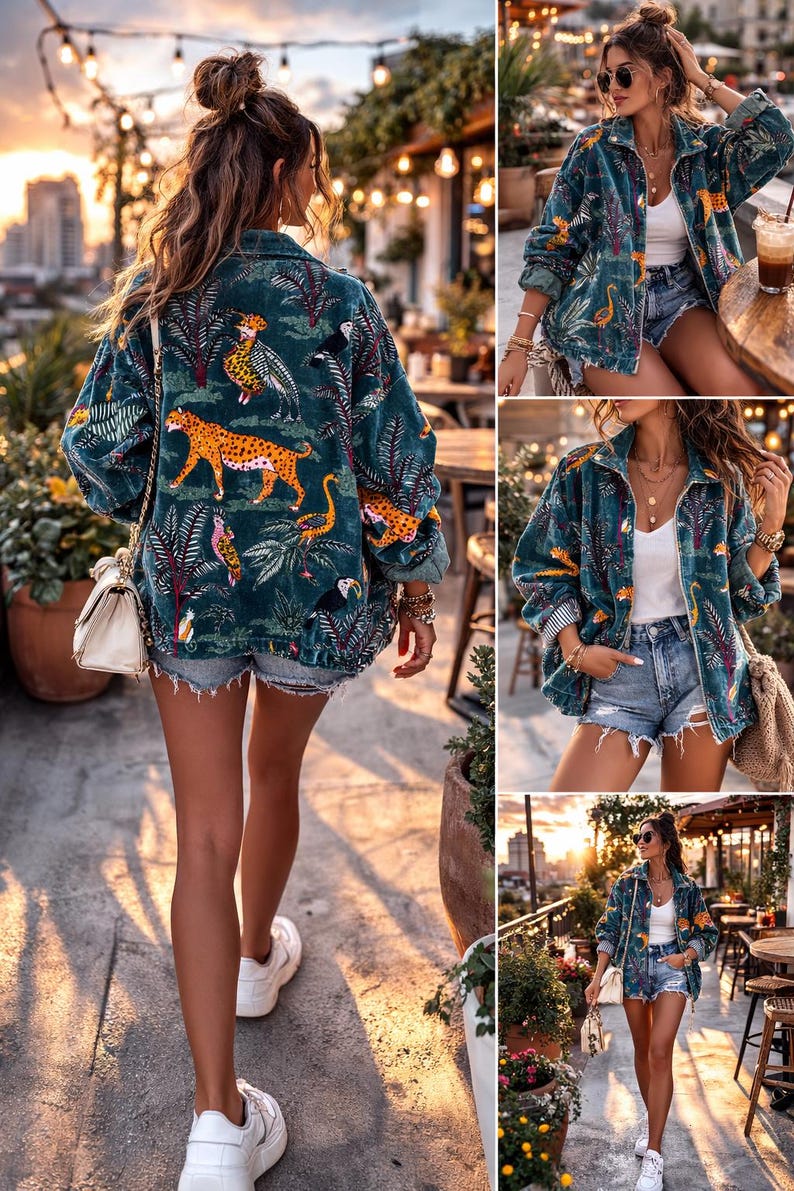 May include: A teal jacket with a jungle-themed design featuring orange leopards, birds, and palm trees. The jacket is paired with denim shorts and white sneakers. The overall aesthetic is casual and stylish.