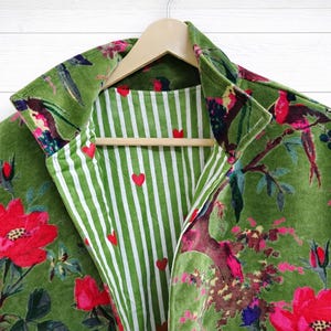 Handblock Printed Green Velvet Floral Jacket, Boho Coat , Women's New Style Jacket image 3
