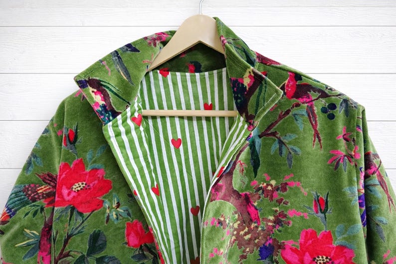 Handblock Printed Green Velvet Floral Jacket, Boho Coat , Women's New Style Jacket image 3