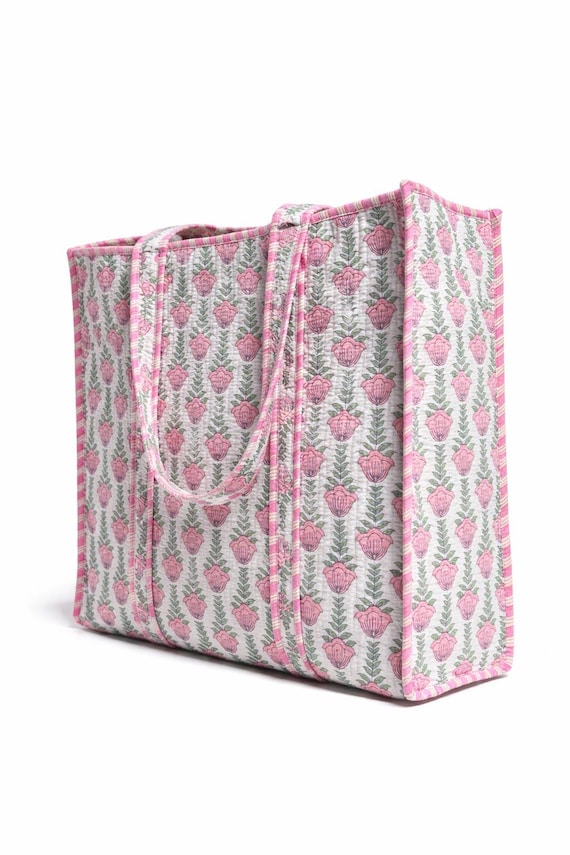 Hand Block Print Quilted Cotton Tote Bag, Pink Floral Travel Shopper