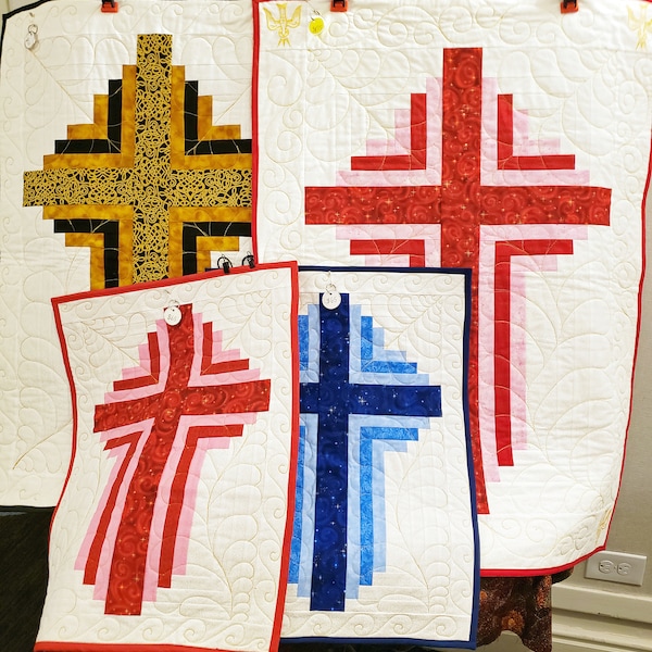 Christian Cross quilt, handmade prayer quilt, ordination gift, church banner, log cabin quilt, pastor gift, Easter banner, Catholic gift