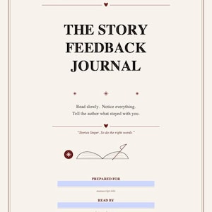 Puede incluir: Una portada de cuaderno de color crema titulada The Story Feedback Journal: A Quick-Start Beta-Reading Workbook for Fiction. Presenta texto en marr&oacute;n oscuro, detalles decorativos de estrellas y corazones, un dibujo lineal de un libro abierto y campos en blanco para el t&iacute;tulo del manuscrito y el nombre del lector beta.