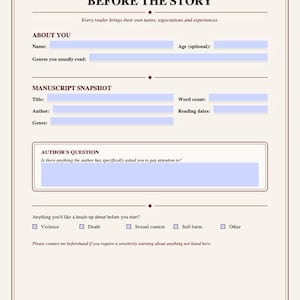 Puede incluir: Una p&aacute;gina de diario de color crema titulada BEFORE THE STORY con secciones para informaci&oacute;n del lector, detalles del manuscrito, un cuadro para preguntas del autor y una lista de verificaci&oacute;n para advertencias de contenido.