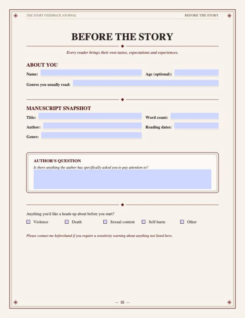 Puede incluir: Una p&aacute;gina de diario de color crema titulada BEFORE THE STORY con secciones para informaci&oacute;n del lector, detalles del manuscrito, un cuadro para preguntas del autor y una lista de verificaci&oacute;n para advertencias de contenido.