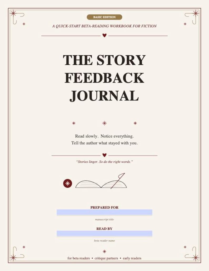 Puede incluir: Una portada de cuaderno de color crema titulada The Story Feedback Journal: A Quick-Start Beta-Reading Workbook for Fiction. Presenta texto en marr&oacute;n oscuro, detalles decorativos de estrellas y corazones, un dibujo lineal de un libro abierto y campos en blanco para el t&iacute;tulo del manuscrito y el nombre del lector beta.