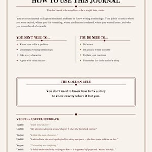 Puede incluir: Una p&aacute;gina del Story Feedback Journal titulada How to Use This Journal. Proporciona instrucciones para lectores beta, enumerando lo que no necesitan hacer, lo que s&iacute; necesitan hacer, una regla de oro y ejemplos de comentarios vagos frente a &uacute;tiles.