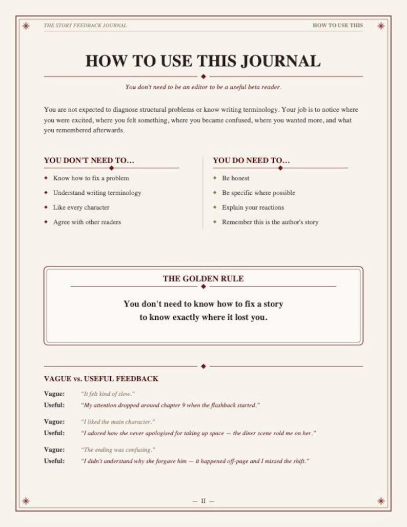 Puede incluir: Una p&aacute;gina del Story Feedback Journal titulada How to Use This Journal. Proporciona instrucciones para lectores beta, enumerando lo que no necesitan hacer, lo que s&iacute; necesitan hacer, una regla de oro y ejemplos de comentarios vagos frente a &uacute;tiles.