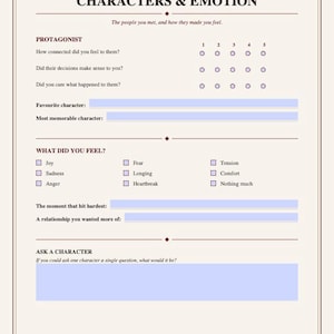 Puede incluir: Una p&aacute;gina de diario color crema titulada CHARACTERS & EMOTION con secciones para PROTAGONIST, WHAT DID YOU FEEL? y ASK A CHARACTER. Incluye escalas de calificaci&oacute;n, casillas de verificaci&oacute;n para emociones y l&iacute;neas en blanco para respuestas.