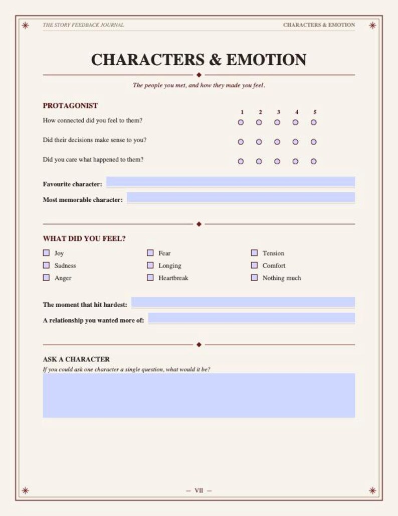 Puede incluir: Una p&aacute;gina de diario color crema titulada CHARACTERS & EMOTION con secciones para PROTAGONIST, WHAT DID YOU FEEL? y ASK A CHARACTER. Incluye escalas de calificaci&oacute;n, casillas de verificaci&oacute;n para emociones y l&iacute;neas en blanco para respuestas.