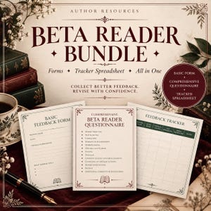 May include: An author resources beta reader bundle featuring a basic feedback form, a comprehensive beta reader questionnaire, and a feedback tracker spreadsheet. The documents are printed on cream paper with dark red text and decorative borders.