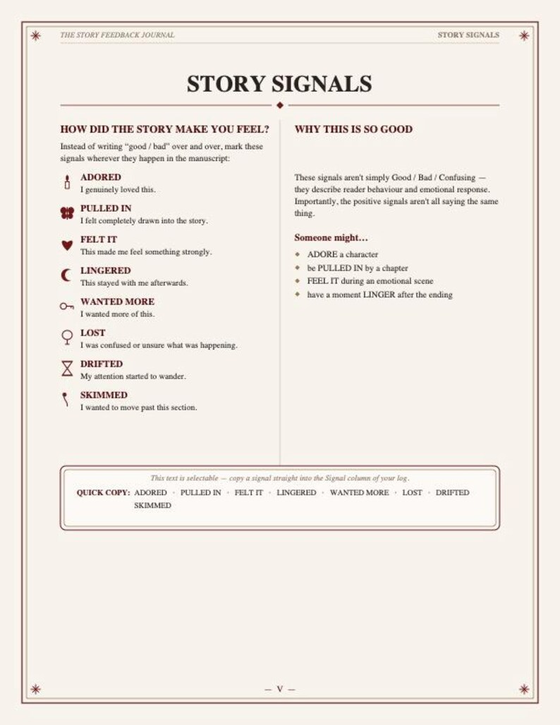 Puede incluir: Una p&aacute;gina del Story Feedback Journal titulada Story Signals. Enumera categor&iacute;as de respuesta emocional como Adored, Pulled In, Felt It, Lingered, Wanted More, Lost, Drifted y Skimmed con iconos y definiciones correspondientes para comentarios de manuscritos.
