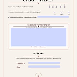 Puede incluir: Una p&aacute;gina de diario de retroalimentaci&oacute;n de historias de color crema titulada Overall Verdict. Incluye una escala de calificaci&oacute;n del 1 al 5, opciones de recomendaci&oacute;n, espacio para una descripci&oacute;n, un cuadro para el autor y campos de fecha.