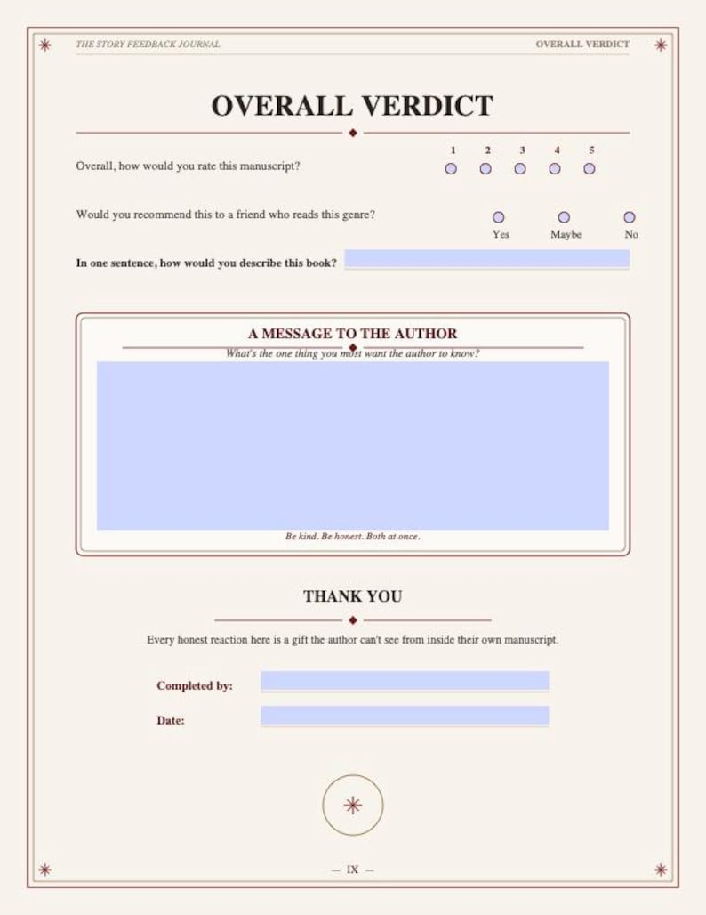 Puede incluir: Una p&aacute;gina de diario de retroalimentaci&oacute;n de historias de color crema titulada Overall Verdict. Incluye una escala de calificaci&oacute;n del 1 al 5, opciones de recomendaci&oacute;n, espacio para una descripci&oacute;n, un cuadro para el autor y campos de fecha.