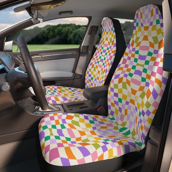 Checkered Rainbow Colorful Cute Disco Aesthetic Vehicle Decor Car Seat Covers - Set of 2