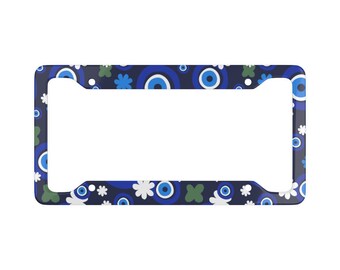 Evil Eye Blue and White Flowers Cute Aesthetic License Plate Frame For Car - 1 Frame