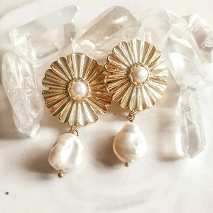 Freshwater Pearl Earrings | Natural Pearl Earrings | White Pearl Earrings | Gold Pearl Earrings |Gold Plated Earrings | PERSEPHONE Earrings