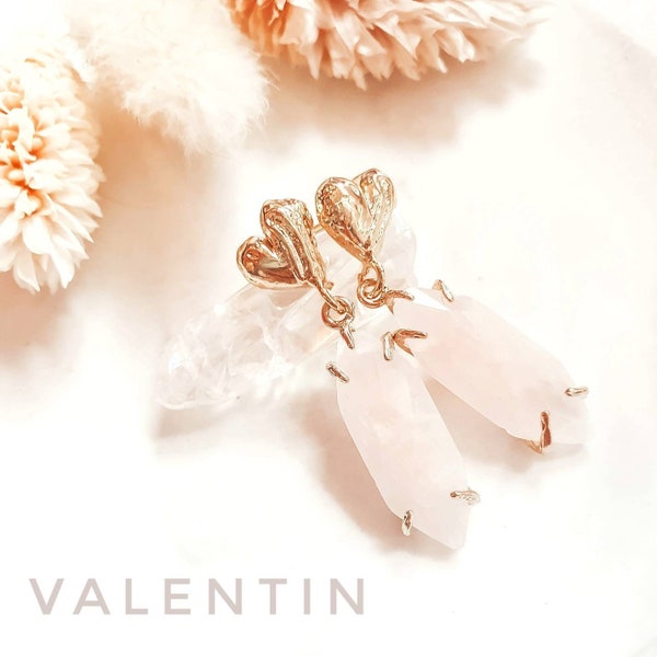 Rose Quartz Earrings | Romantic Earrings | Pink Stone Earrings | Gold Heart Earrings | Heart Earrings | VALENTIN Earrings