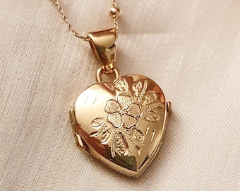 Heart Locket Necklace Sterling Silver 925 · Personalized Engraved Locket · Hair Keepsake · Memorial Gift for Her · Floral Pendant 18K Gold