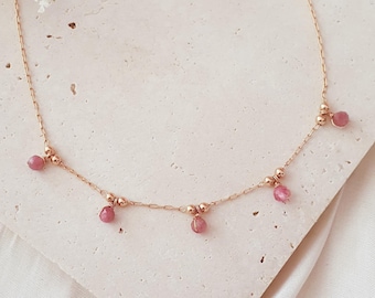 18K Gold Plated Necklace with Pink Tourmaline Gemstones, Genuine Tourmaline Necklace,Vintage-inspired necklace, Minimalist, ROSALIA Necklace