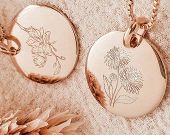 Collana con fiore di nascita | Collana con fiore personalizzata | Collana placcata in oro 18 carati | Collana con incisione | Medaglione con fiore di nascita