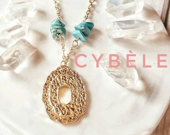 Gold Hammered Necklace | Gold Turquoise Medaillon | Gold Disc Necklace | Raw Turquoise Medaillon | Geometric Medaillon | CYBELE Medaillon