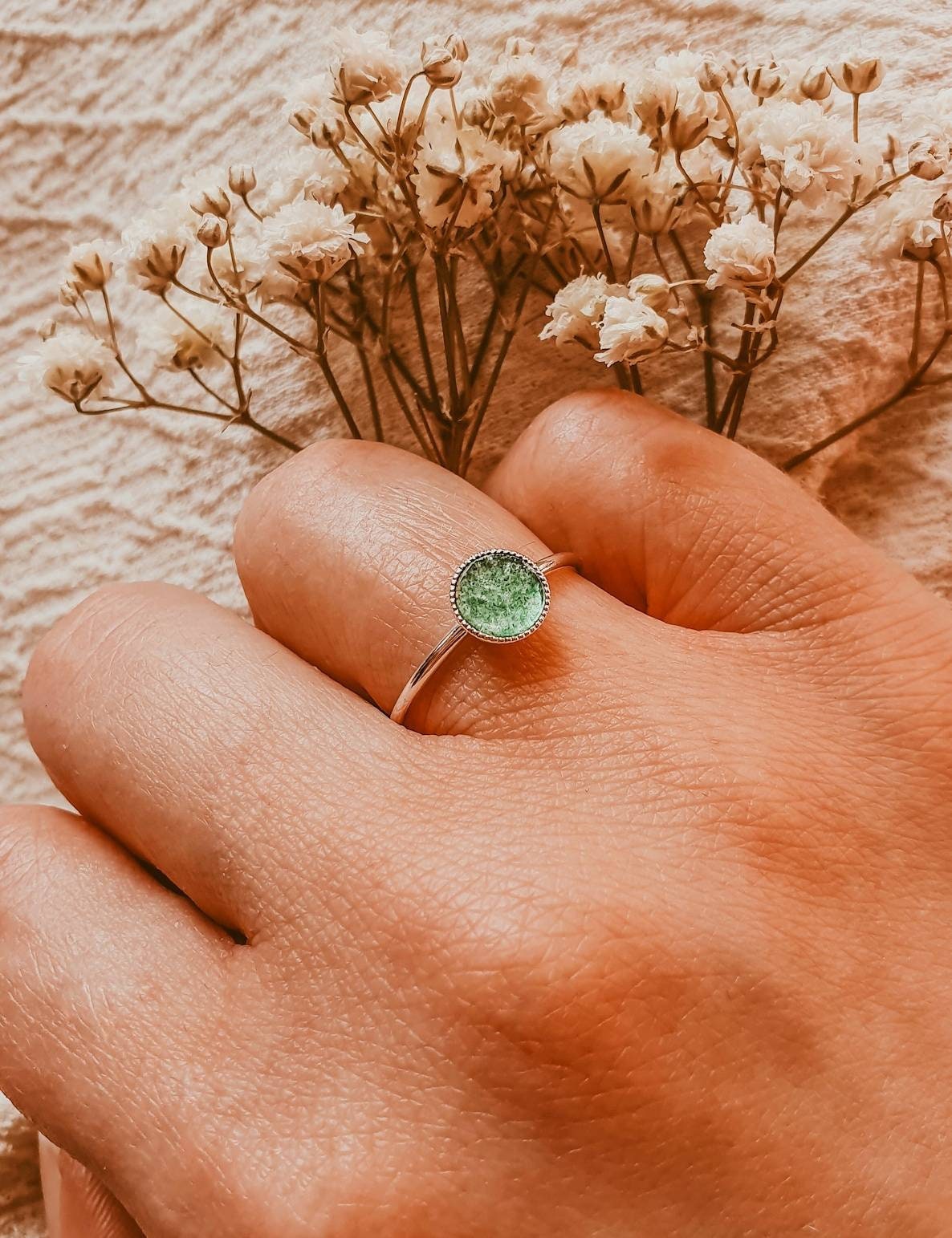 Bague Réglable En Aventurine Verte Coeur - Plaquée Argent - Fait Main En Inde - Bijou Pierre Naturelle