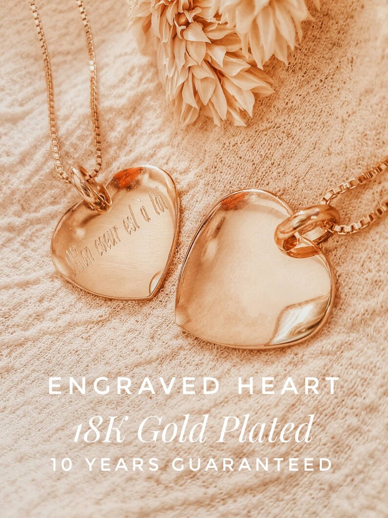 Heart Gold Necklace Custom Heart Necklace Engraved Necklace Gold 18K Gold Plated Necklace Engraved Gifr for Her JUNON Necklace image 3