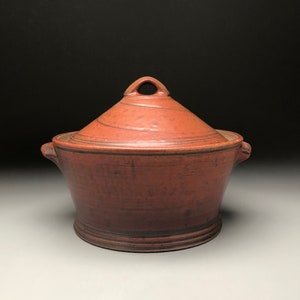 Handmade Pottery Handled and Lidded Casserole, Red