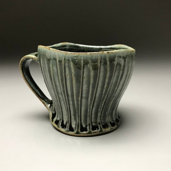 Handmade Ceramic Mug; Wheel Thrown and Altered; Glossy Blue, Gray Glaze