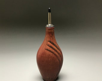 Handmade Ceramic Oil Bottle, Pottery Oil Pourer, Red with Carved Lines