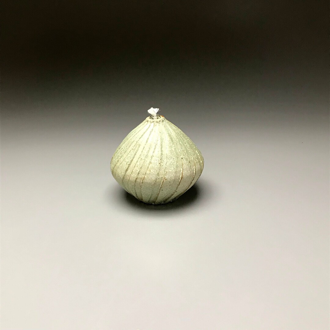 Handmade Pottery Oil Lamp, Ceramic Oil Lamp, Carved Frosty Green