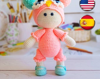 Doll amigurumi pdf Crochet girl baby doll English Spanish