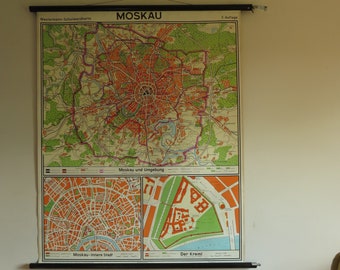 Vintage MOSCOW CITY MAP by Westermann roll down linen backed school map 1965