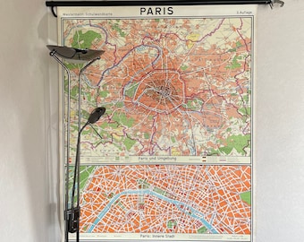 Vintage PARIS CITY Map by Westermann roll down linen backed school map 1965 FRANCE