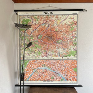 Mappa vintage della CITTÀ DI PARIGI di Westermann, mappa scolastica arrotolabile con supporto in lino, 1965 FRANCIA
