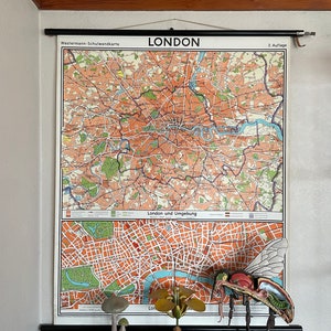 Mappa vintage della CITTÀ DI LONDRA di Westermann Mappa scolastica arrotolabile con supporto in lino 1963 INGHILTERRA Regno Unito.